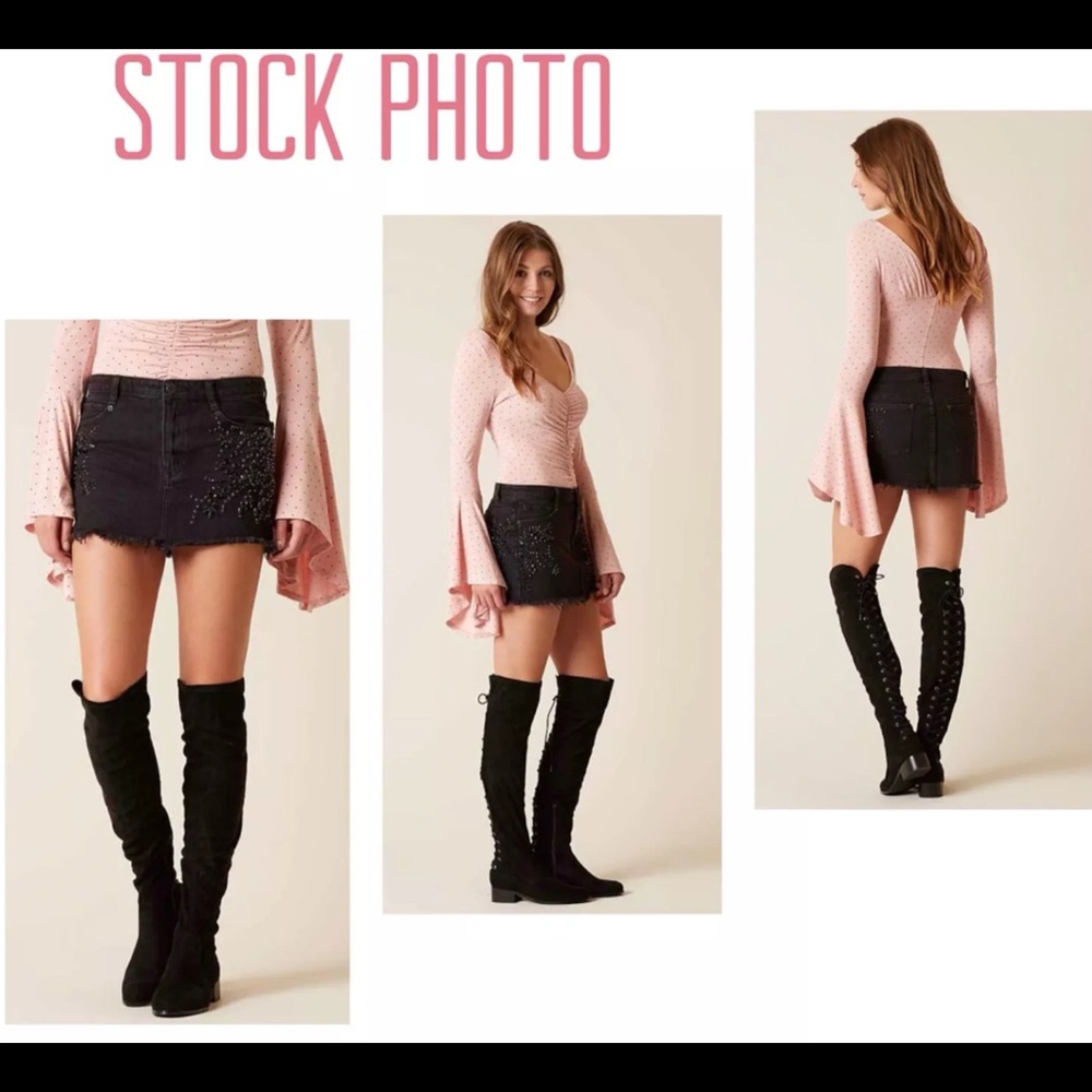 Free People Embellished Black Denim MiniSkirt Sz 4 - Picture 15 of 15